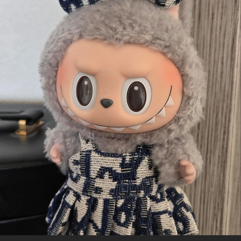 Cute Plush Toy in Gray and Blue Outfit